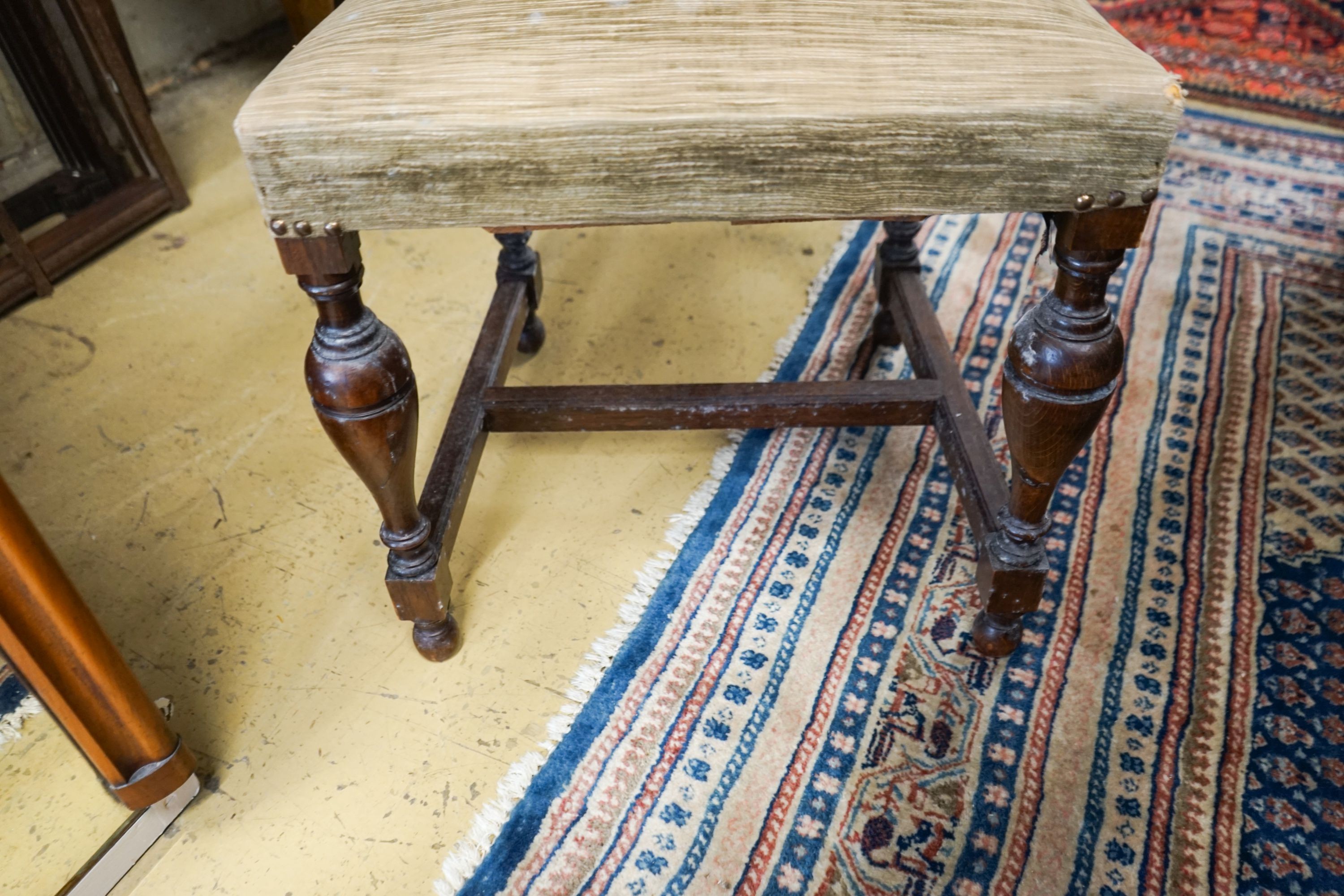 A 19th century Dutch rectangular oak extending dining table, 220cm extended, width 94cm, height 76cm on four carved bulbous supports (two additional leaves) and a set of five dining chairs